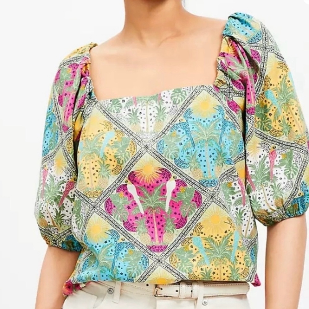 LOFT Vibrant Floral Blouse with Puff Sleeves